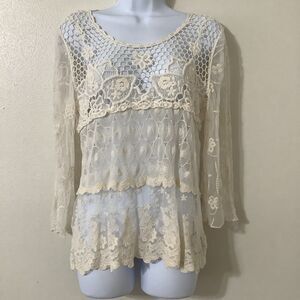 Cream Sheer Lace Crochet Fairycore Fairy Bohemian Hippie Boho Lagenlook Top M